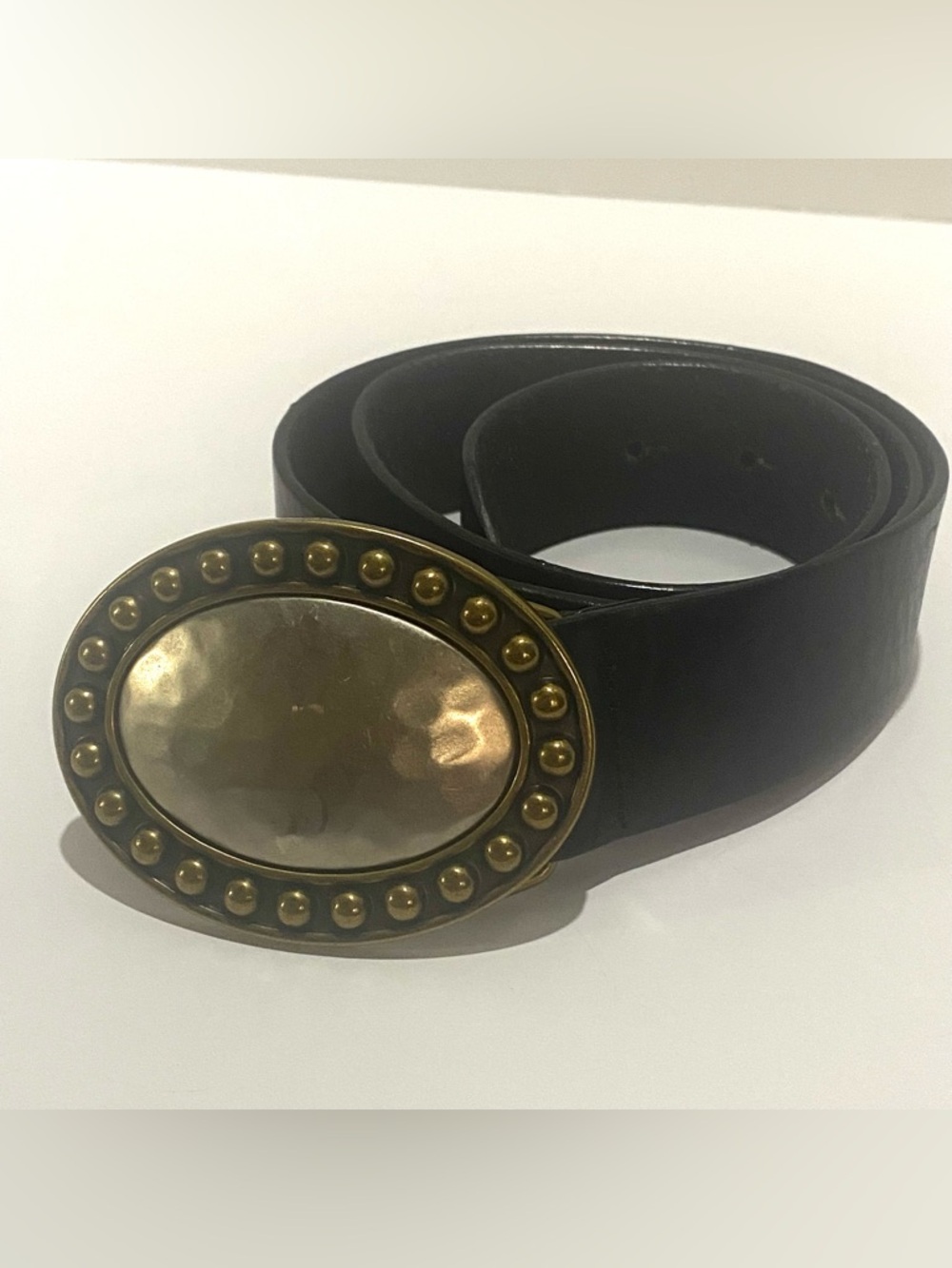 Fossil Womens Black Genuine Leather Belt Small Brass & Hammered Silver Buckle - Picture 3 of 9